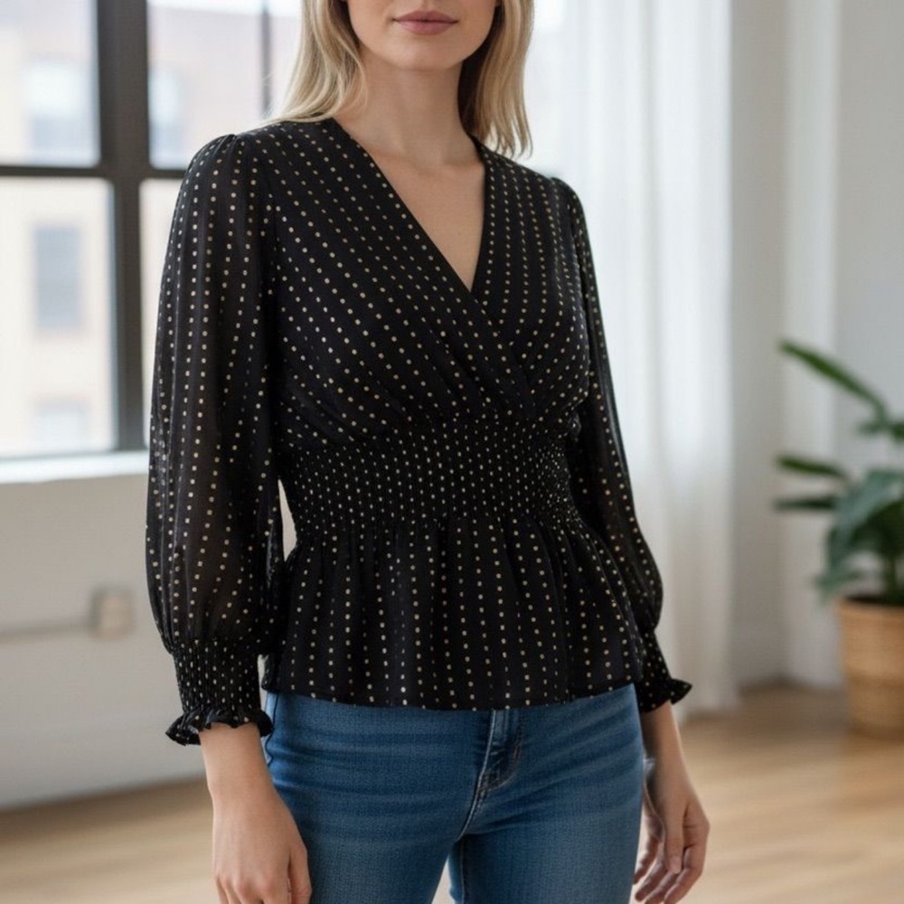 Harvé Benard Black and Gold Polka Dot Blouse - NWT Medium